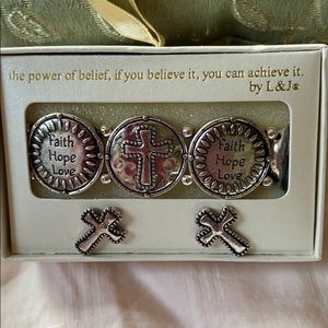 L&J bracelet and cross earrings